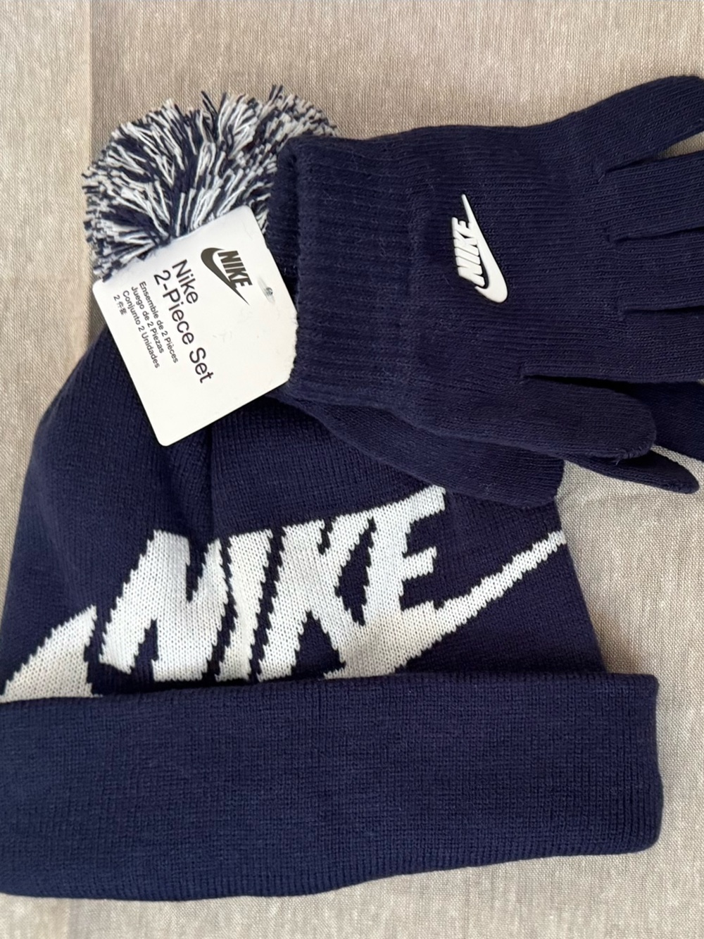 Nike Navy and White Knit Beanie with Matching Gloves - Picture 2 of 3